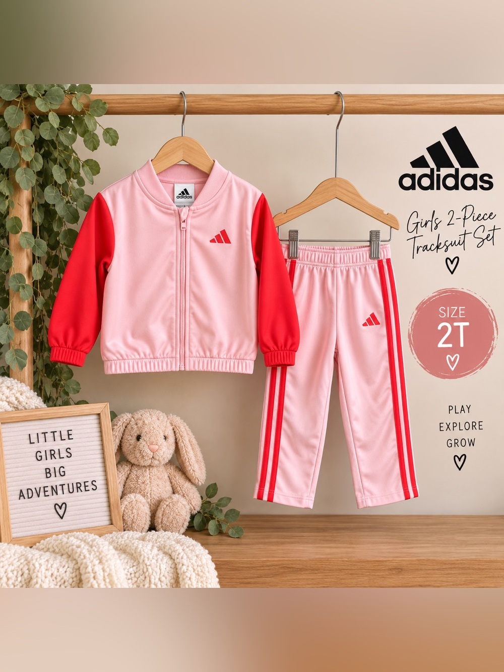 Adidas Girls 2T Pink & Red 2-Piece Tracksuit Jacket & Pants Set